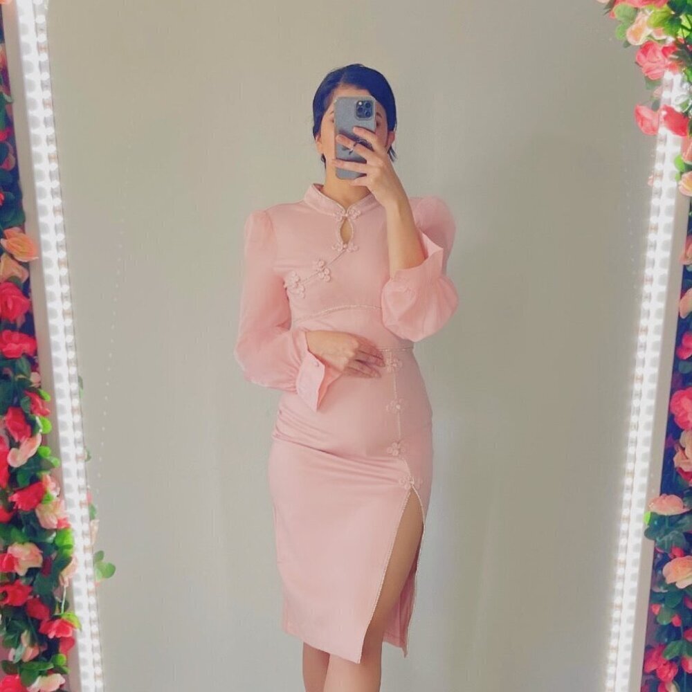 Pink Side Slit Midi Spring Dress with flowers